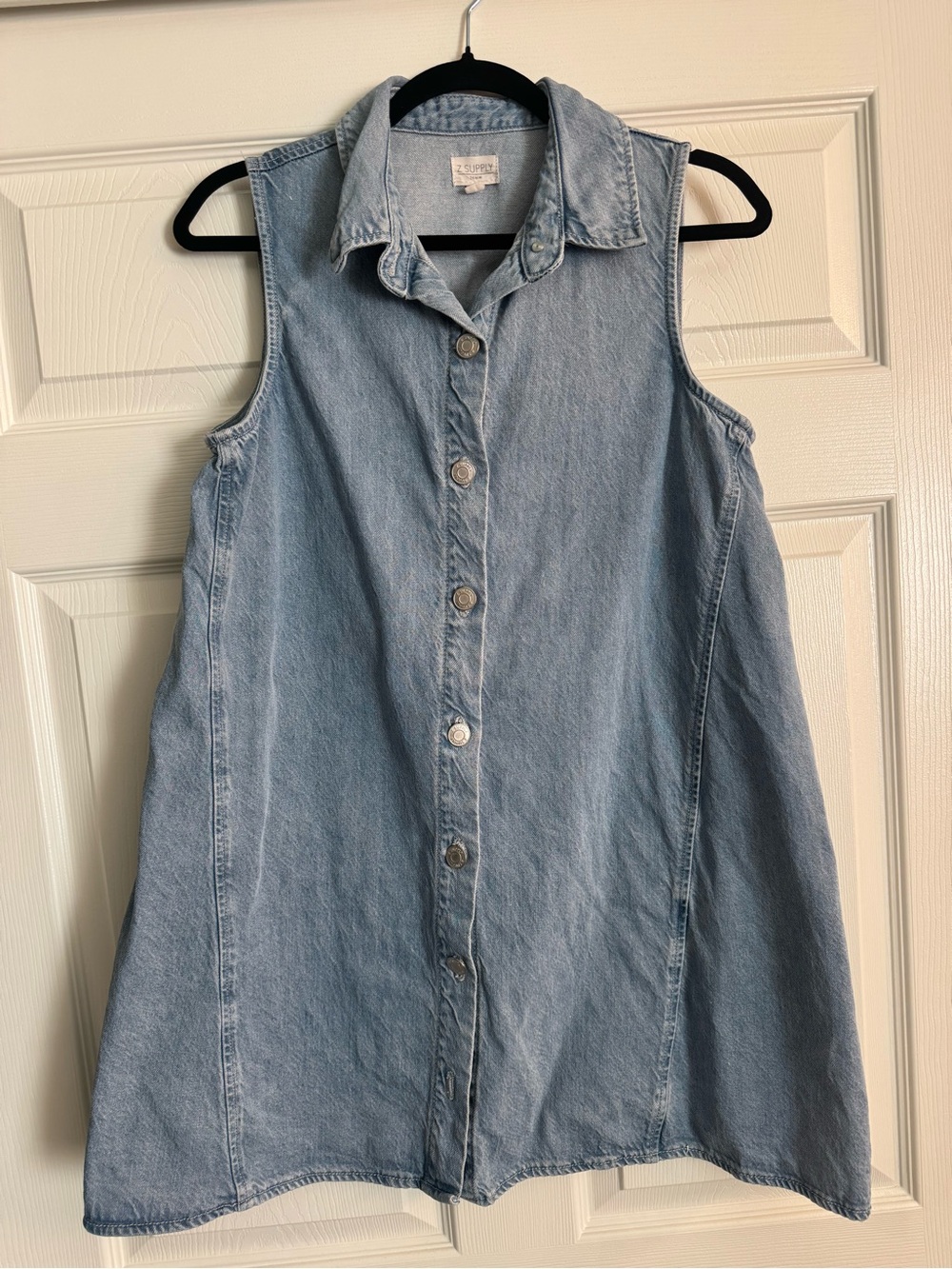 Denim Button-Front Sleeveless Dress - Light Blue